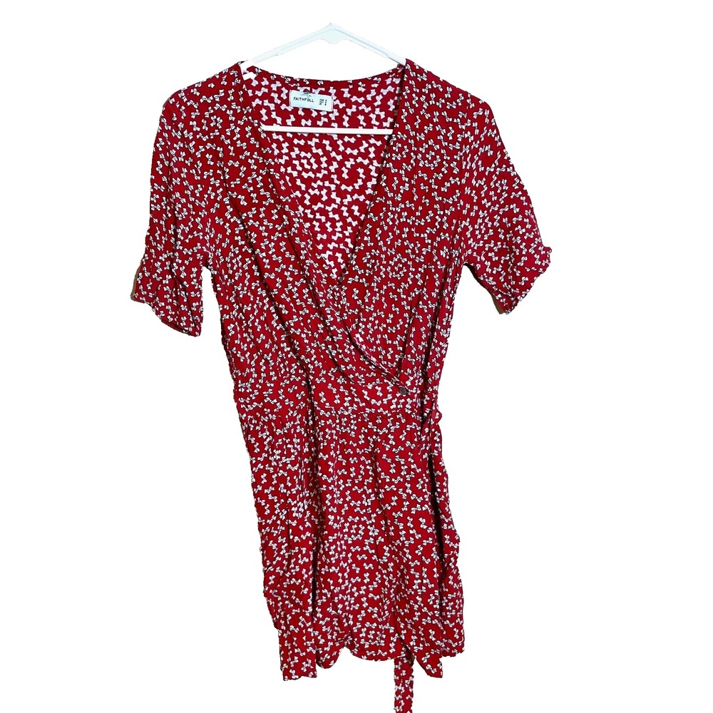 Faithfull The Brand Wrap Mini Dress Womens Size 2 Red Shrt Sleeve Ribbon Printed
